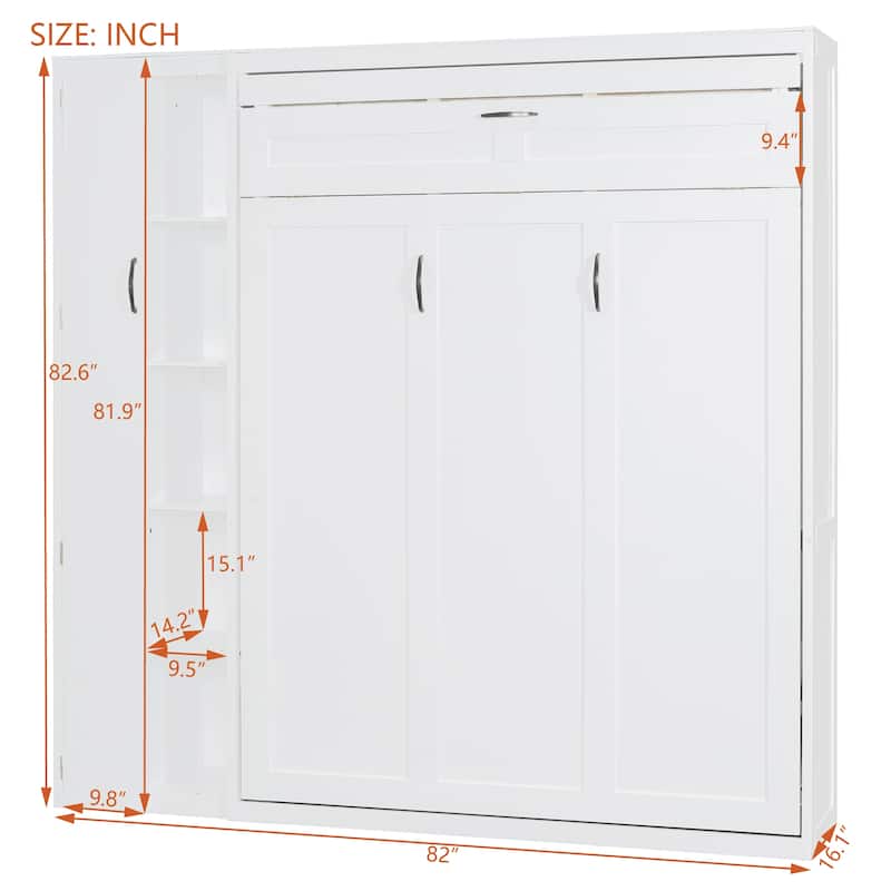 Space-Saving White Murphy Bed with Shelves, Wardrobe & LED Lights - Full Size