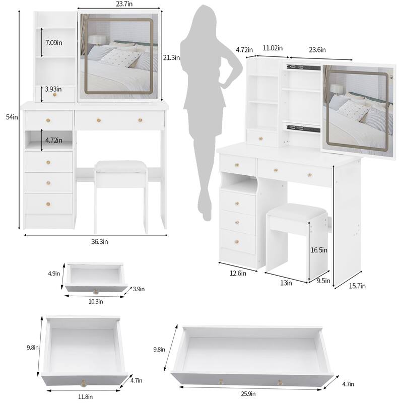 37" Large Vanity Set with LED Mirror and Storage