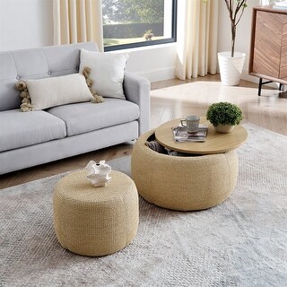 2 in 1 Woven Rattan Fabric Round Storage Ottoman with Small Seat