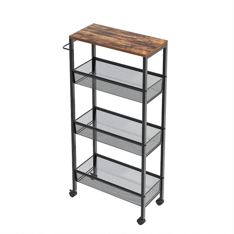 Javlergo 4-Tier Rolling Kitchen Cart with Mesh Baskets Brown Top & Wheels Space-Saving Storage Organizer with Handle for Home