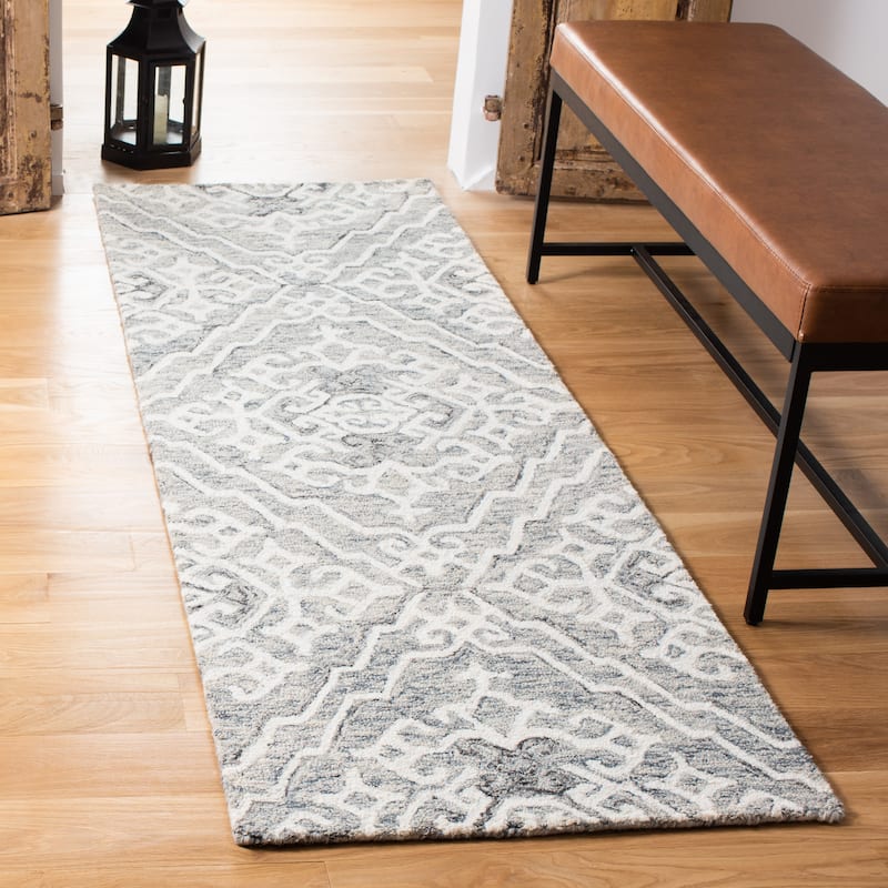 SAFAVIEH Handmade Micro-Loop Scarlette Wool Rug - 2'3" x 7' Runner - Grey/Ivory