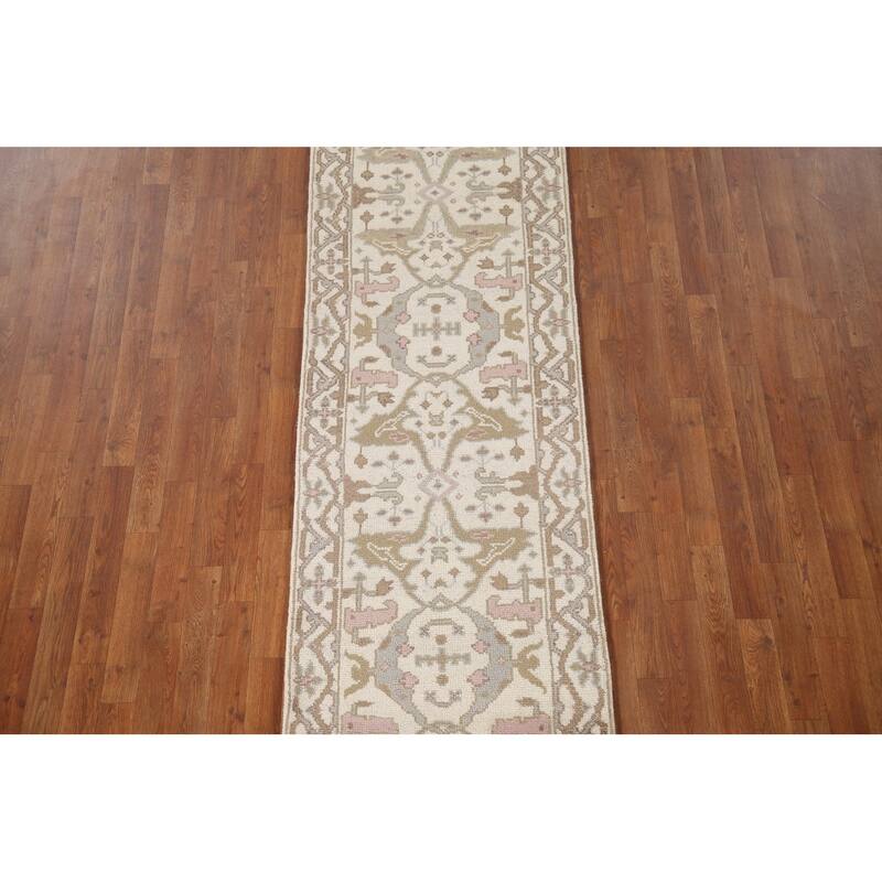 Ivory Oushak Style Runner Rug Hand-knotted Wool Carpet - 2'6"x 9'9"