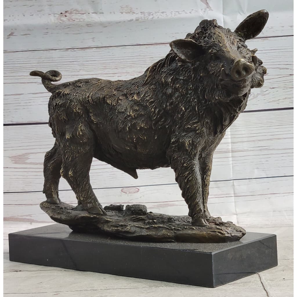 Wild Boar Hog Pig Bronze Sculpture Statue Figure Wildlife Art Decor Marble Base