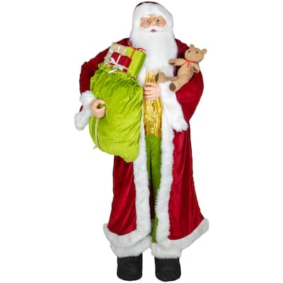 Plush Santa Claus with Teddy Bear and Gift Bag Christmas Figure - 6' - Red and Green