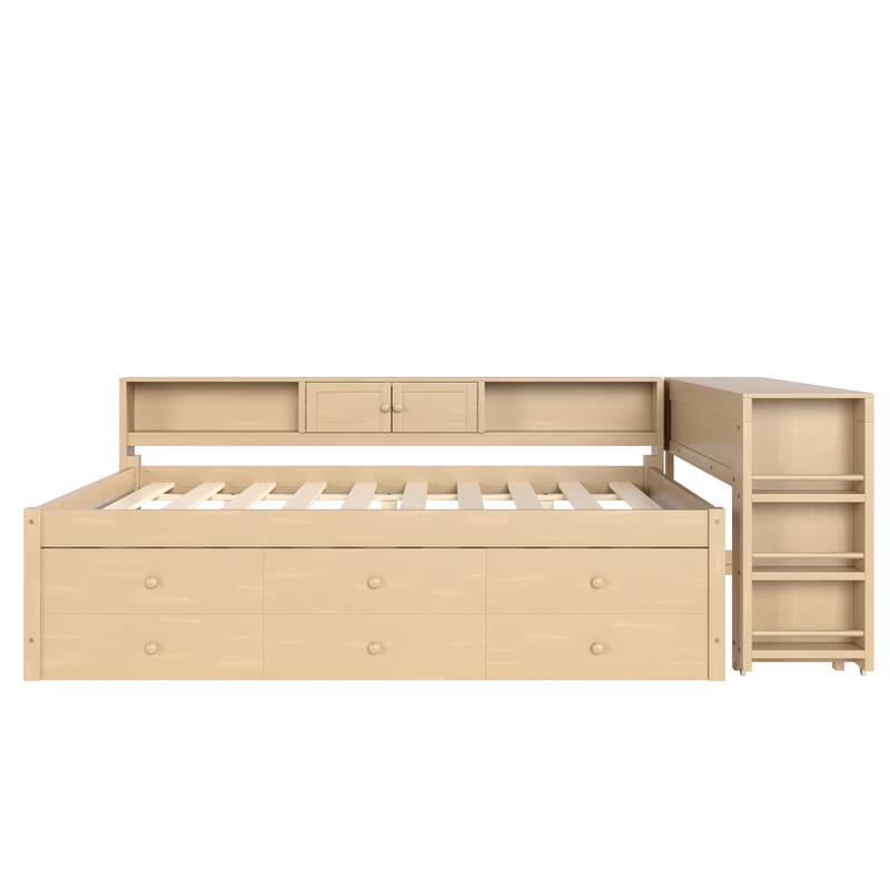 Full/Twin Daybed with Trundle & Storage Drawers - Wood Frame with Side Shelves and Desk