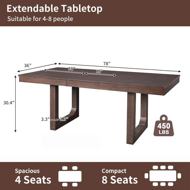 60"-78" Extendable Dining Table with Smooth Rails, Wooden Kitchen Table with Removable Leaf, Double U-Shape Base