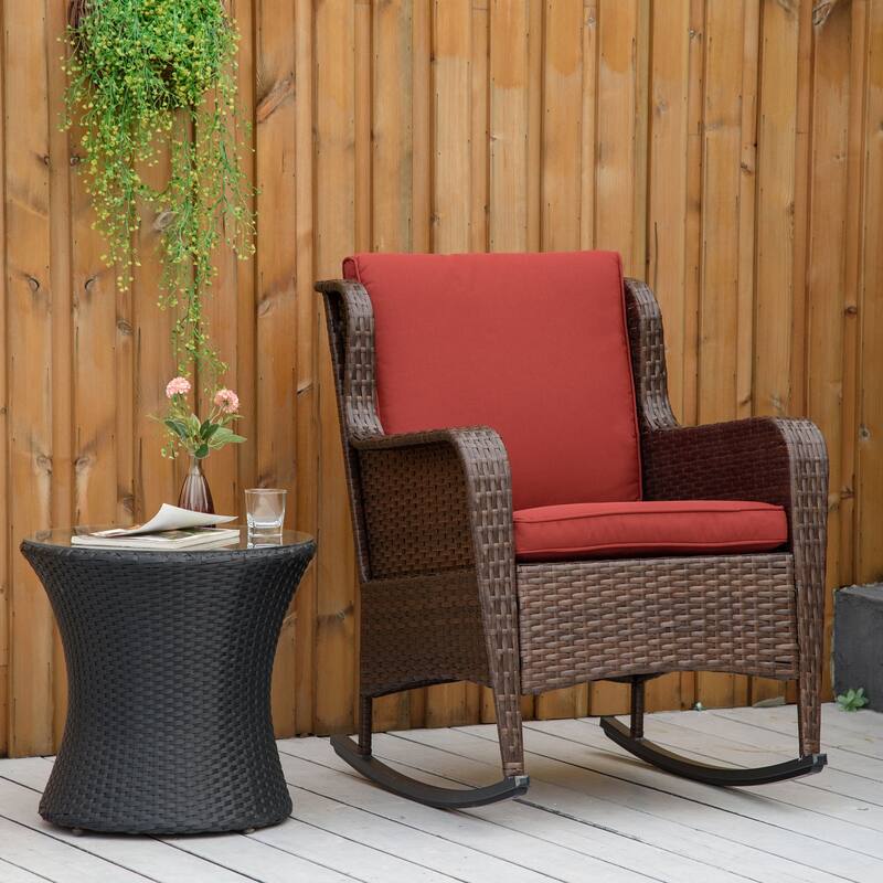 Outdoor Rattan Rocking Chair with Thick Cushions and Steel Frame for Garden Porch or Deck - 34.25" W x 28.25" D x 36.5" H