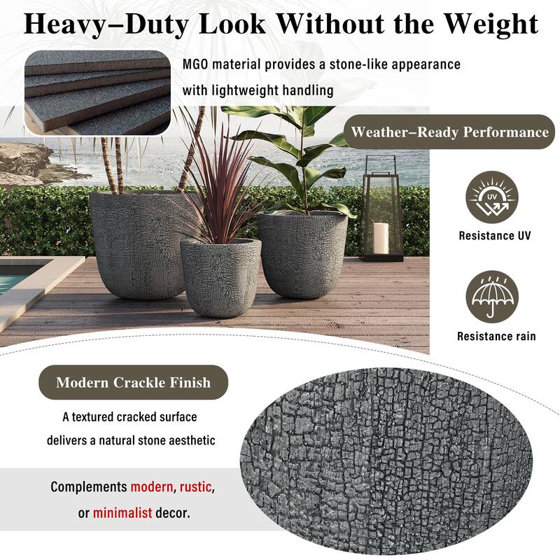 Lightweight Planter Set of 3,16.93"+13.78"+11.02"Dia Round Concrete Stackable Flower Pots with Drainage Holes and Rubber Plug