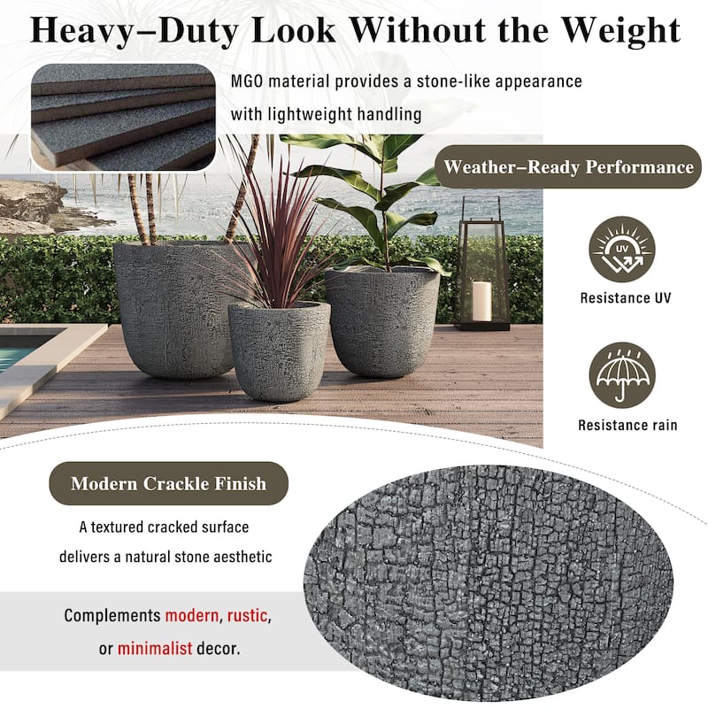 Roomfitters Lightweight MGO Planter Set of 3, Round Weather Resistant Outdoor Indoor Flower Pots for Garden Patio