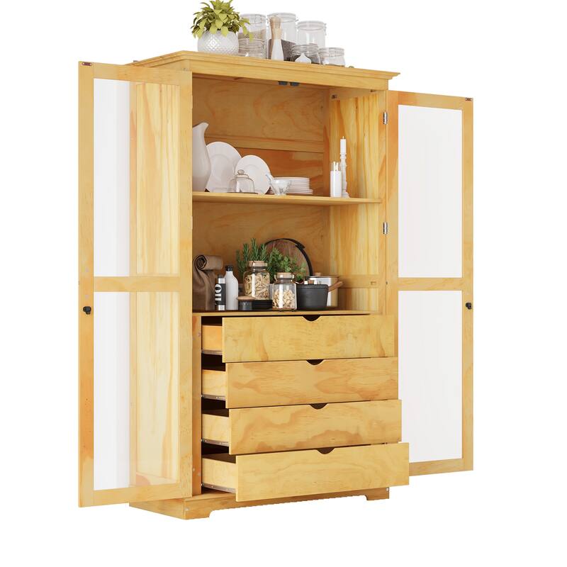 Freestanding Kitchen Storage Cabinet Display Cabinet with Glass Doors and 4 Built-in Drawers for Living Room, Home Office