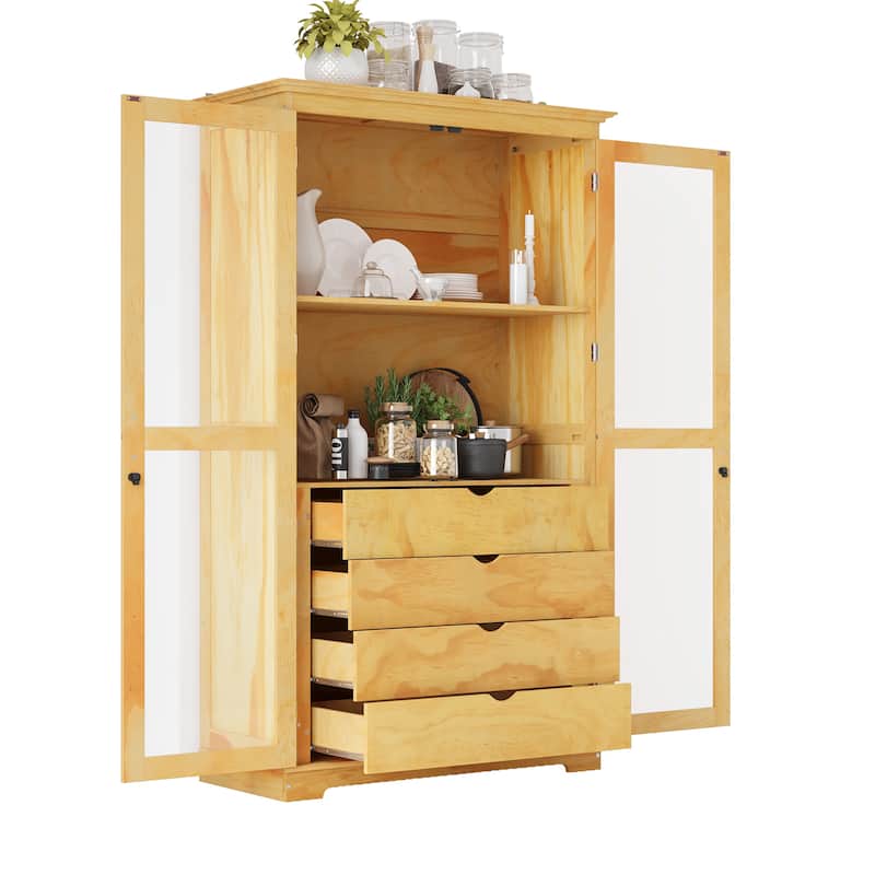 Pantry Cabinet with Glass Door, 2 Shelves & 4 Built-in Drawers, Kitchen Pantry Storage Cabinet, Freestanding Kitchen Cupboard