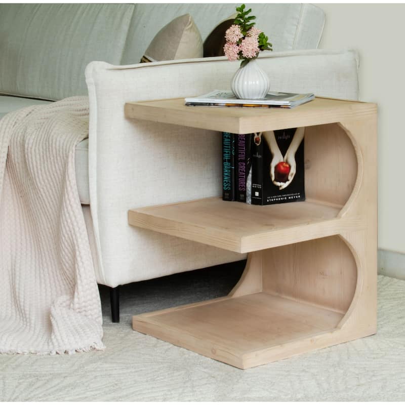 Natural Solid Wood Square End Table with 2 Shelves and Floor Storage - 18” x 18” x 24” (D x W x H)