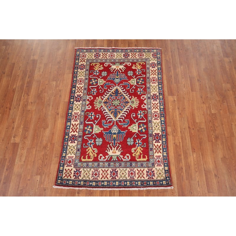Red Geometric Kazak Oriental Foyer Rug Handmade Wool Carpet - 3'3" x 5'1"