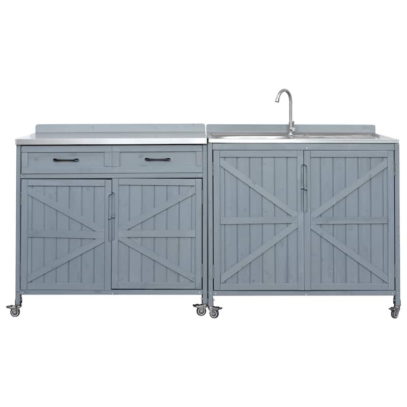 39.4" Outdoor Kitchen Island with Sink, Outdoor Kitchen Cabinet with Back Splash & 4 Wheels for Pizza Prep