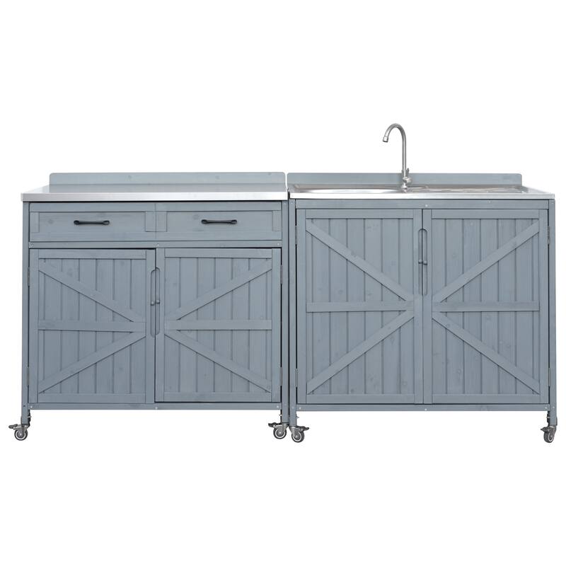 39.4" Outdoor Kitchen Island with Sink, Outdoor Kitchen Sink Station w/ 304 Stainless Steel Sink, Hose Hook Up & Faucet