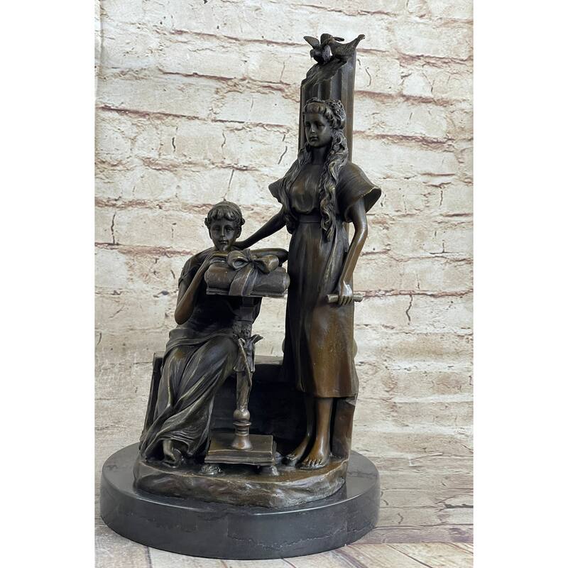 Two Young Girls W/ Book Column Bronze Statue Sculpture Moreau Decor 14 Inches X 8 Inches