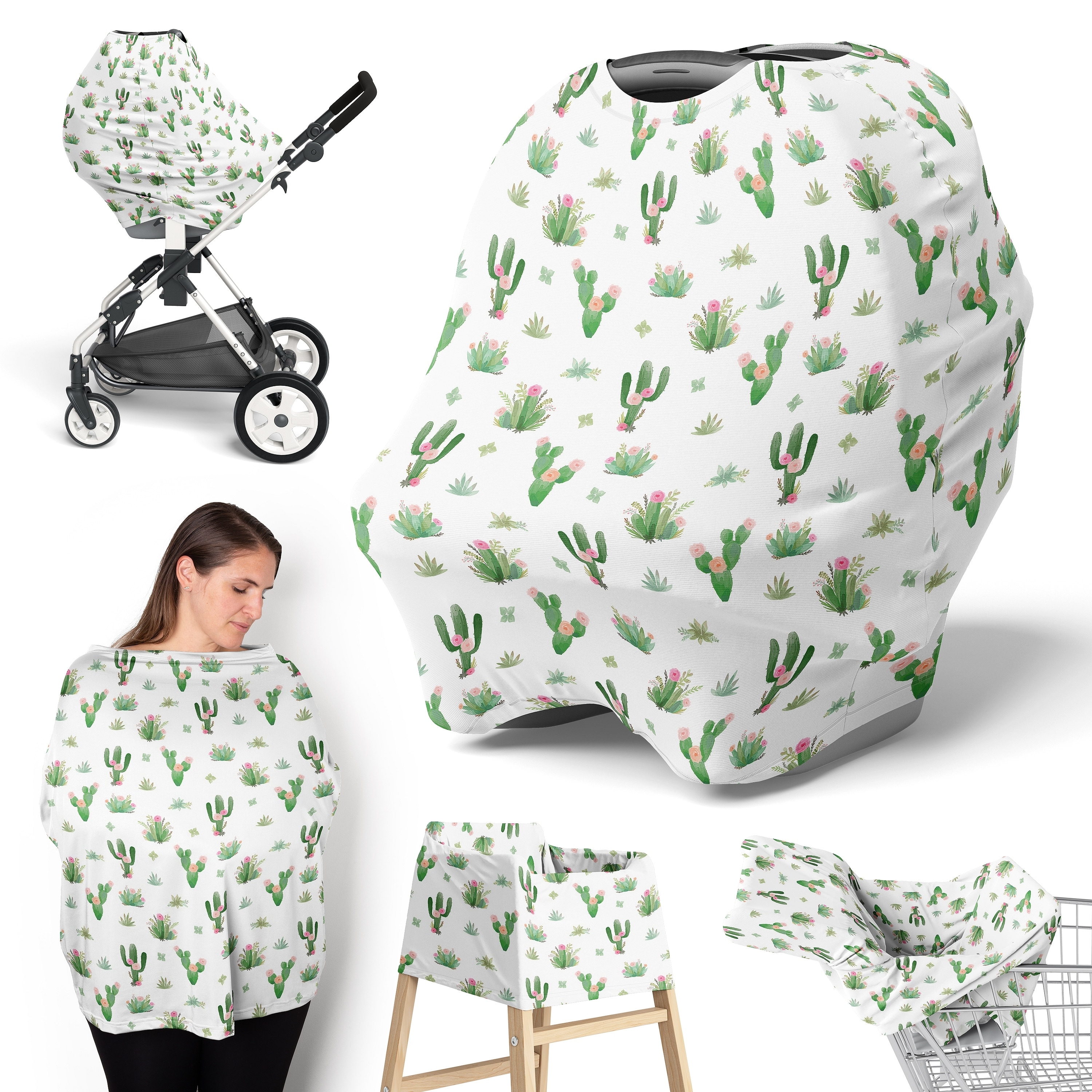 Cactus Floral Collection Girl 5 in 1 Baby Car Seat and Nursing Cover Pink and Green Boho Bohemian Watercolor Shabby Chic Desert