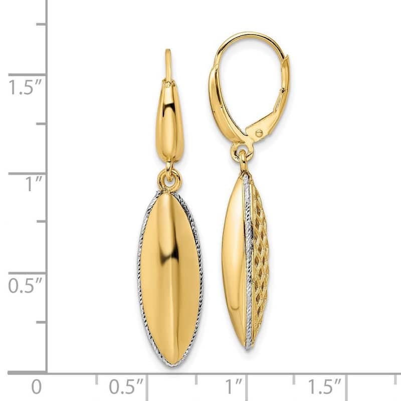 Curata 14k Two tone Gold Rope edged Long Oval Dangle Leverback Earrings 40x8.5mm
