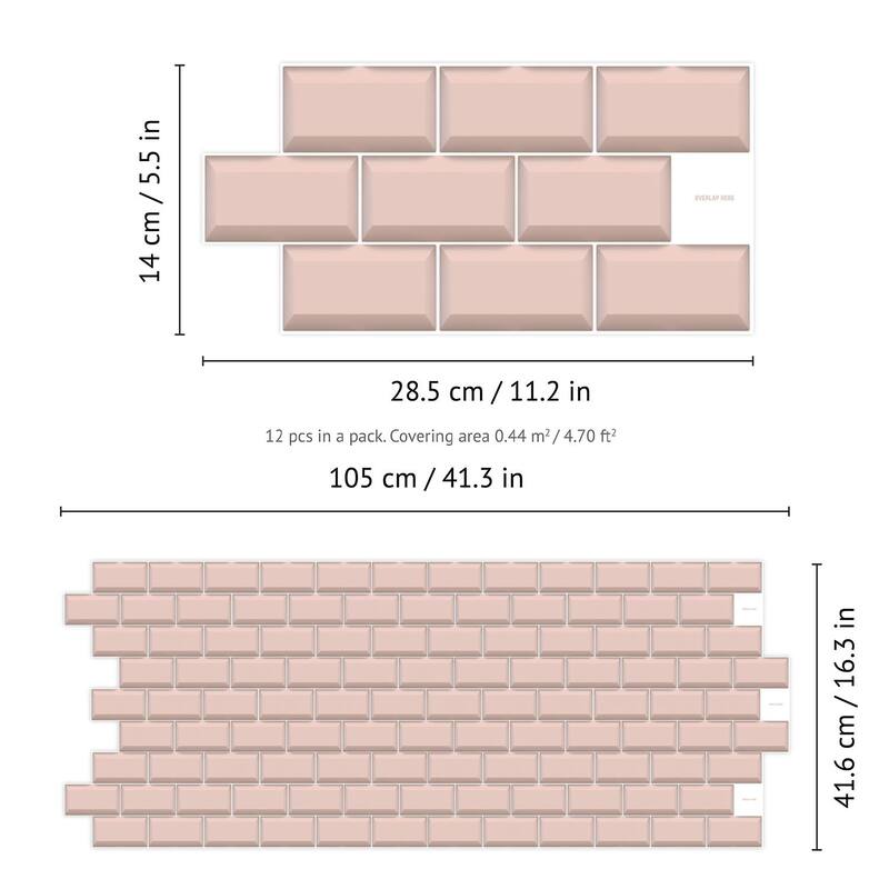 Walplus Blush Pink Subway Brick Peel and Stick Backsplash Tile Stickers