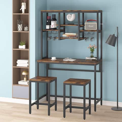 Bar Table Set, PubTableandChairsSetof2, IndustrialWine Rack Table with Storage