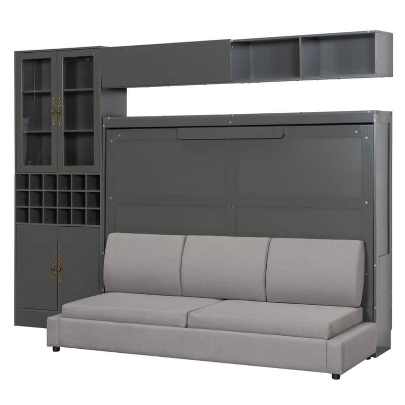 Full Size Murphy Bed Wall Bed with Sofa , Shelves USB & Light