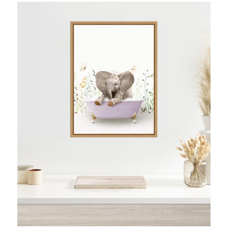 Kate and Laurel Sylvie Baby Elephant 6 in Spring Bathtub Framed Canvas by Amy Peterson