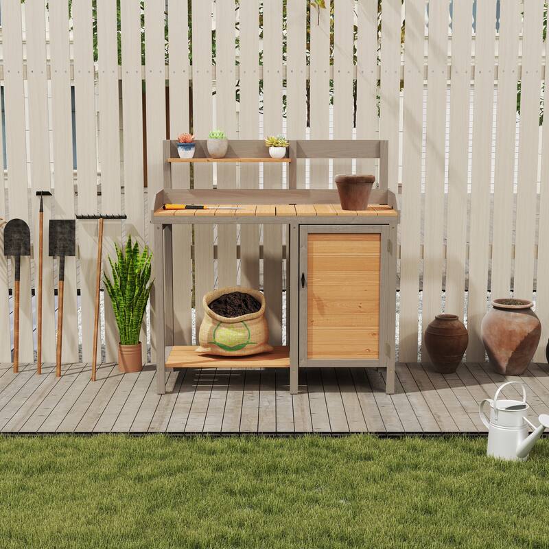 Outdoor Potting Table Bench with Spacious Top and Open Shelf, Wooden Garden Workstation Table for DIY Projects
