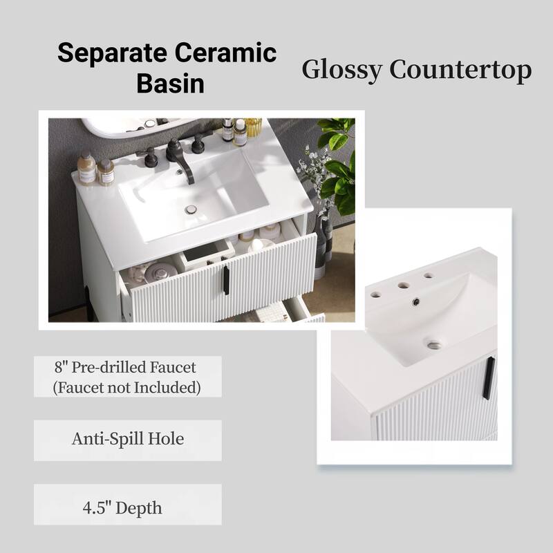 30" Bathroom Vanity with Ceramic Sink, Full-Extension Drawers, Soft-Close Undermount Slides and Fluted Design