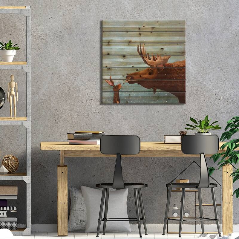 Moose and Rabbit Print On Wood by Lucia Stewart - Multi-Color