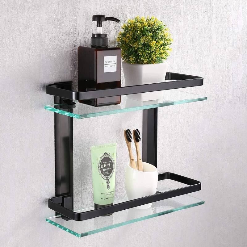 Wall Mount 2-Tier Black Bathroom Glass Floating Shelf