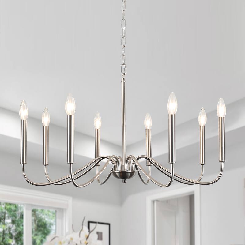 8-Light Simple Candle Chandelier, Traditional Chandelier, Farmhouse Metal Ceiling Light for Dining Room - W28.74"x H14.96" - Nickel