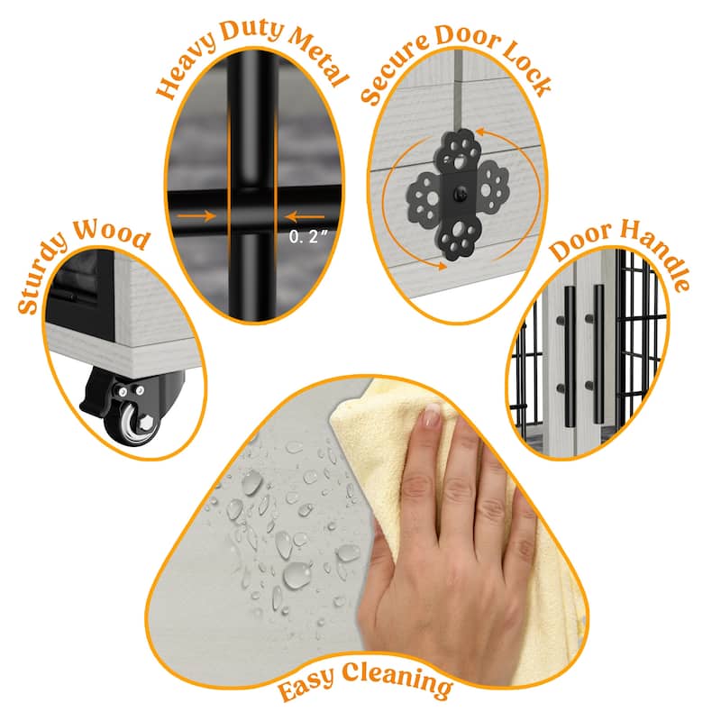 Dog Crate Indoor Heavy Duty Double Doors Wooden Dog Cage with Cushion