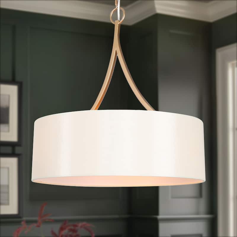 Modern 3-Light Gold Drum Chandelier Fabric Shade Pendant Lights for Dining Room - 17.5" D x 19" H