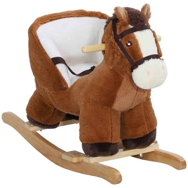 slide 2 of 10, Baby Rocking Horse, Plush Animal Rocker with Sound, Wooden Base, & Safety Belt for Ages 18-36 Months, Brown Brown