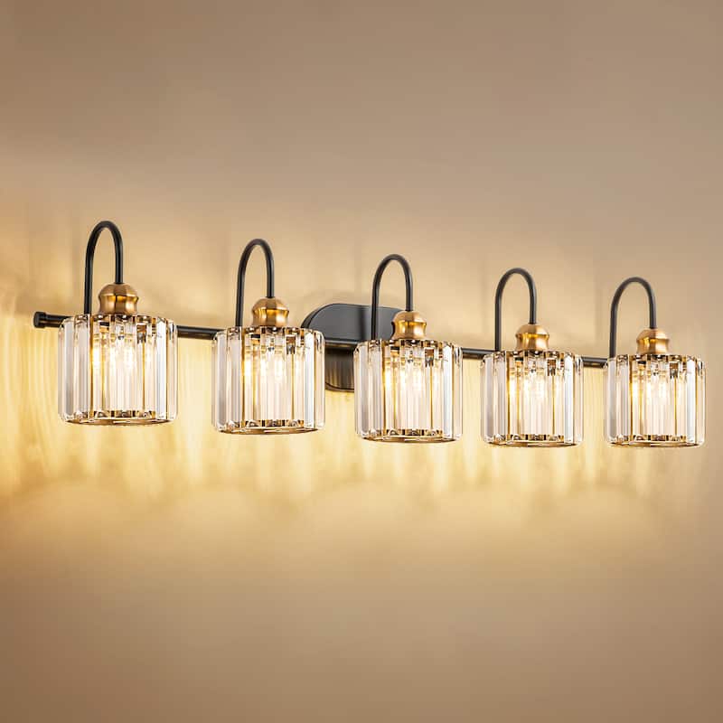 5-Light Glam Linear Dimmable Crystal Bathroom Vanity Lights with Cylinder Crystal Shade - Black&Brass