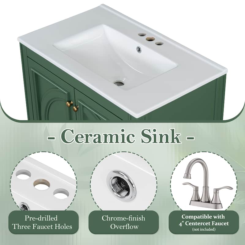 30 Inch Freestanding Bathroom Vanity with Sink, 2 Doors, Adjustable Shelf, Soft Close Hinges