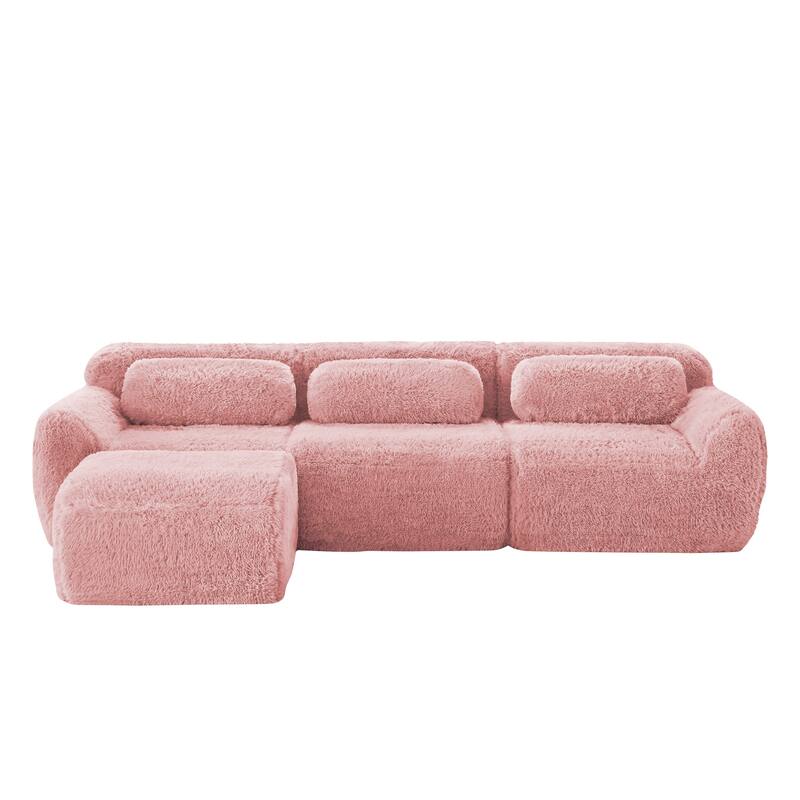 Anmytek Modern L-Shaped Boneless Sofa - Soft Fluffy Plush 32D High Density Sponge with Throw Pillows Movable Ottoman
