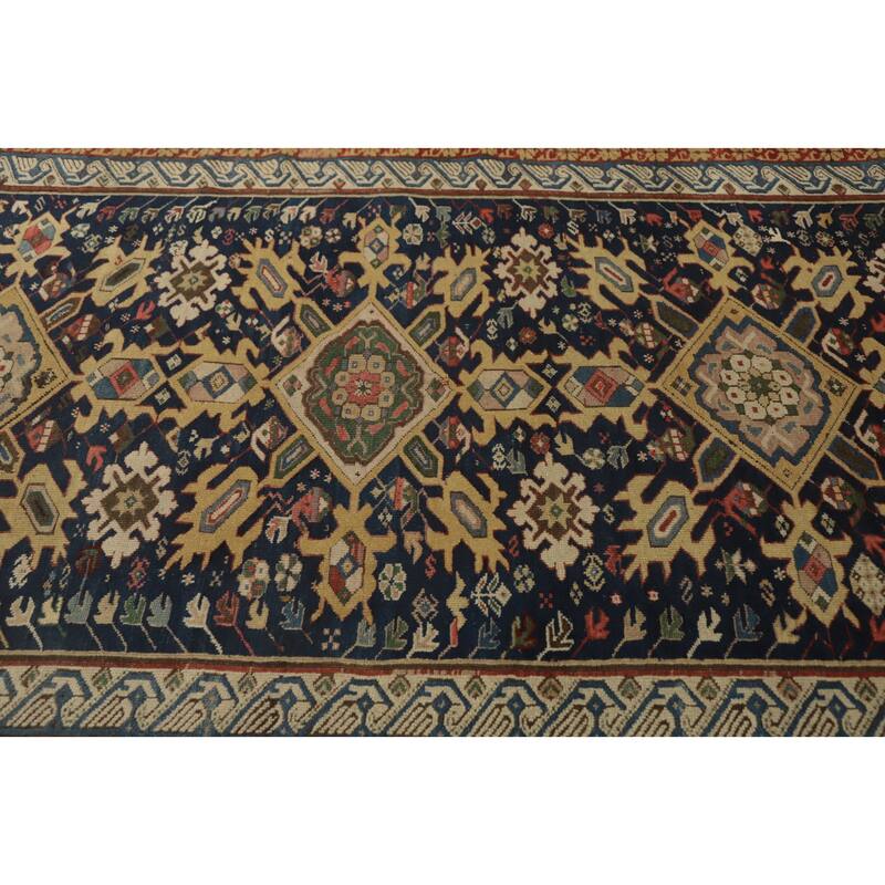 Hand Knotted Oriental 100% Wool Carpet Traditional Geometric Navy Blue & Blues Kazak Area Rug - 10' 9'' X 4' 10''