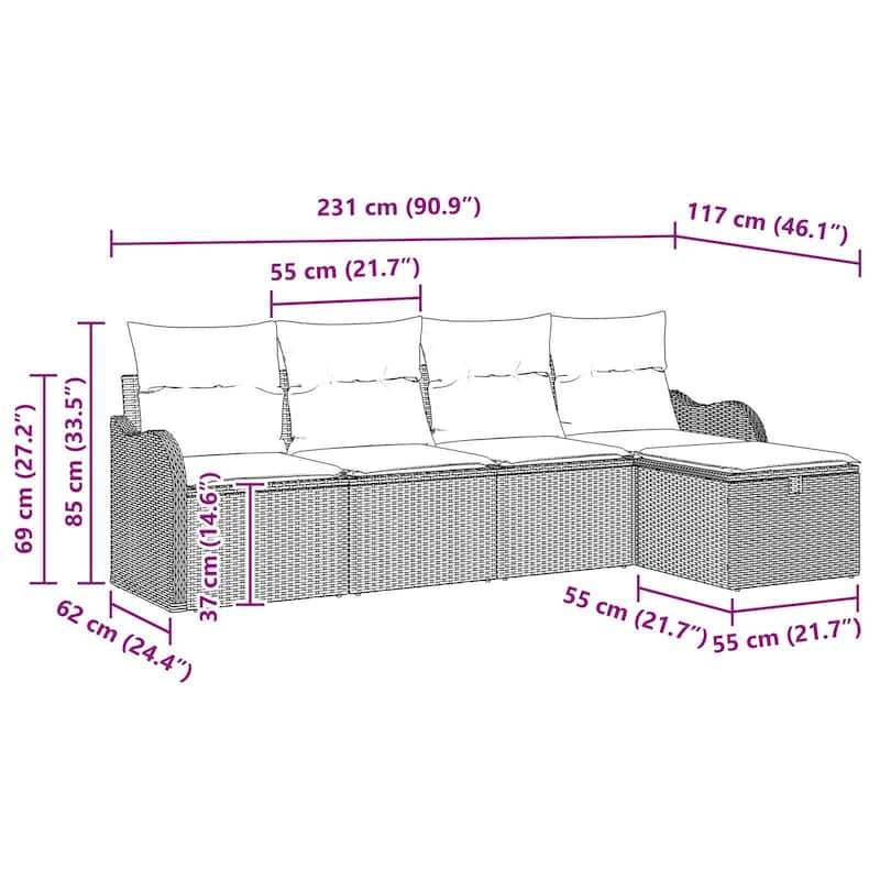 vidaXL 5/6 Piece Garden Sofa Set with Cushions Black Poly Rattan - 90.9×46.1×27.2