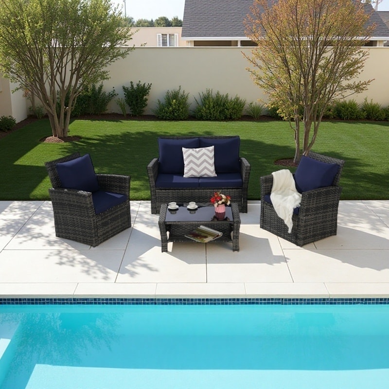 4-Piece PE Rattan Patio Furniture Set with Cushions and Tempered Glass Coffee Table, Outdoor Wicker Chairs and Loveseat
