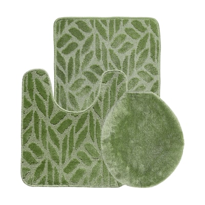 Bath Set 3 Piece Anti-Slip Leaf patch Bathroom Mat, Large Contour Mat & Toilet Seat Lid Cover