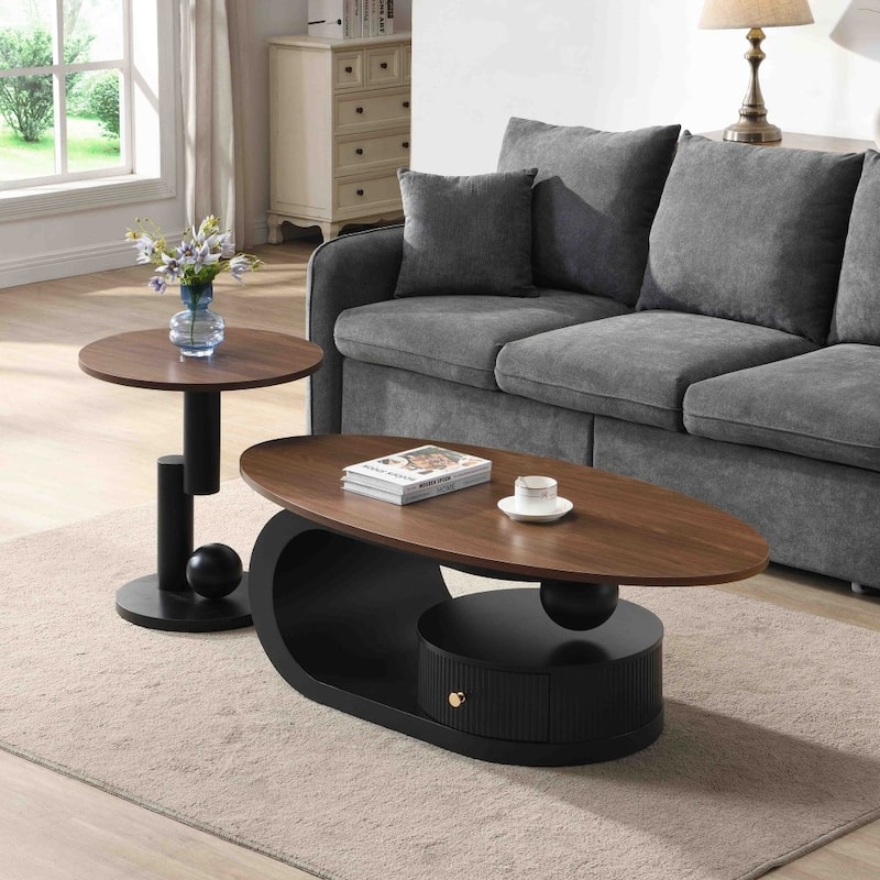 Modern MDF Oval and Round Table Set with Storage for Living Room