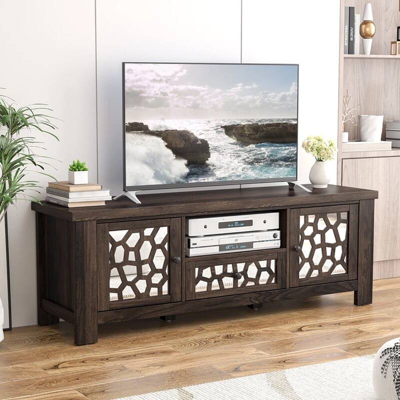 55" Retro TV Stand Media Entertainment Center W/ Mirror Doors Brown - 55 inches