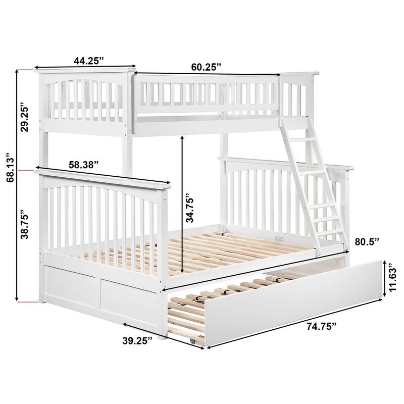 Columbia Bunk Bed Twin over Full with Twin Trundle Bed in White