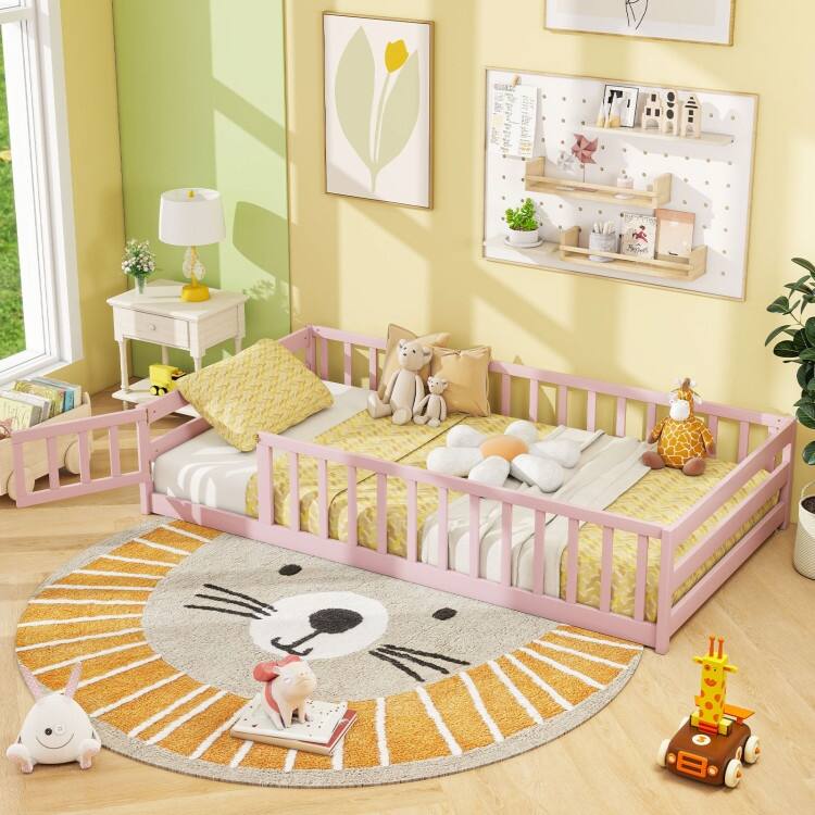 Twin Size Kids Wood Montessori Floor Bed with Door and Fence