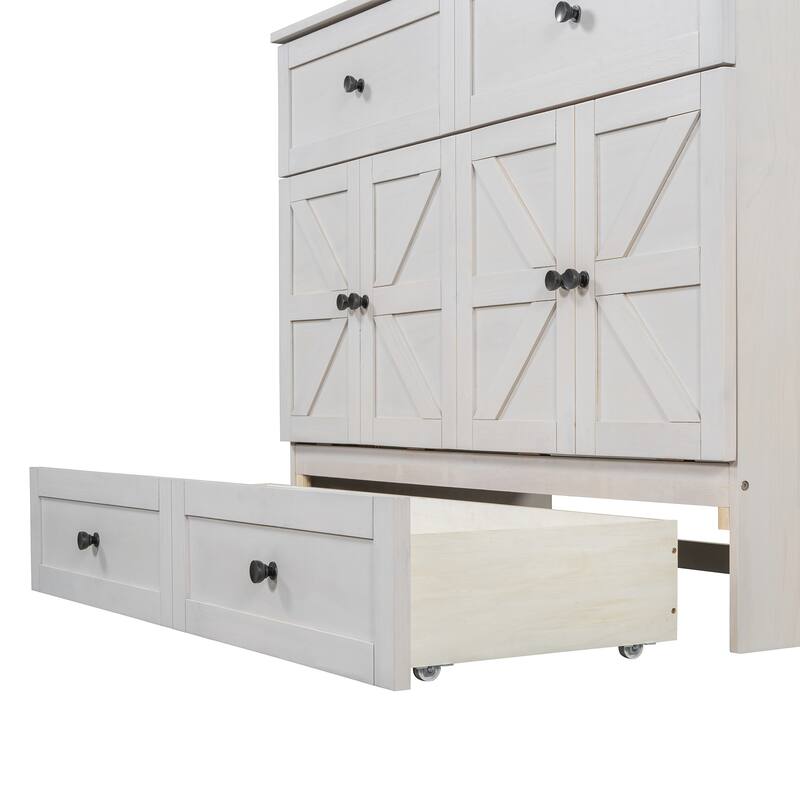 Space-Saving Full Size Murphy Bed with USB Ports and Storage Drawers, Brushed White