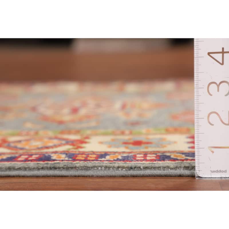 Geometric Kazak Accent Rug Hand-Knotted Grey Wool Carpet - 2'8" x 4'1"