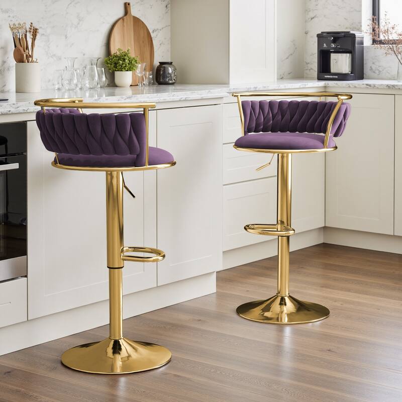 Set of 2 Velvet Adjustable Swivel Bar Stools