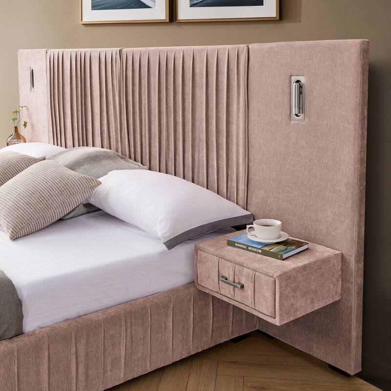 Queen Upholstered Platform Bed with Pleated Chenille Headboard, Built-in Bedside Table & Adjustable Lamps, No Box Spring
