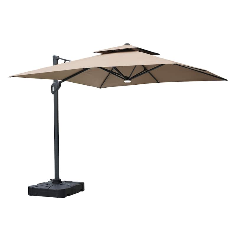 10FT Patio Cantilever Umbrella with Bluetooth Speaker & Lighting (Includes Base) - Tan